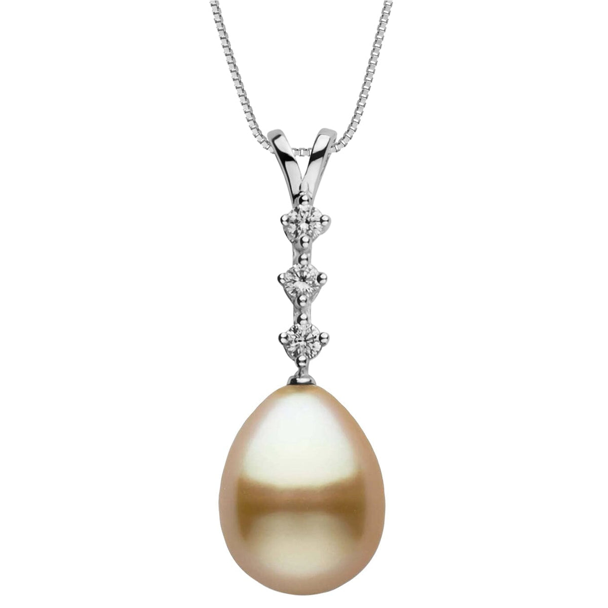 10.0-11.0 mm Golden South Sea Drop Pearl and Diamond Luminary Pendant featuring a lustrous golden pearl suspended from a polished white gold chain with three sparkling diamonds.