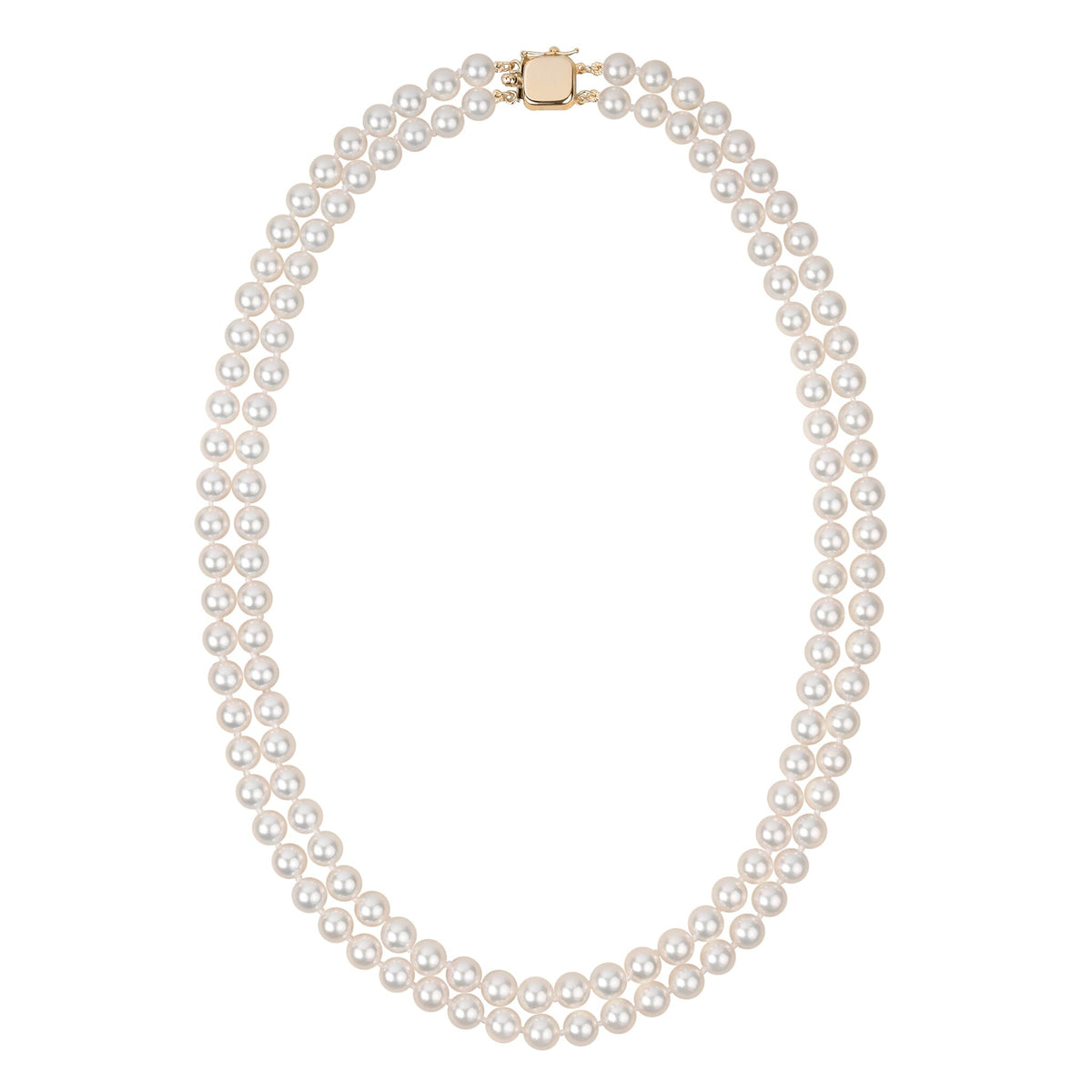 A double strand of white akoya pearls with a gold clasp, displayed against a white background.