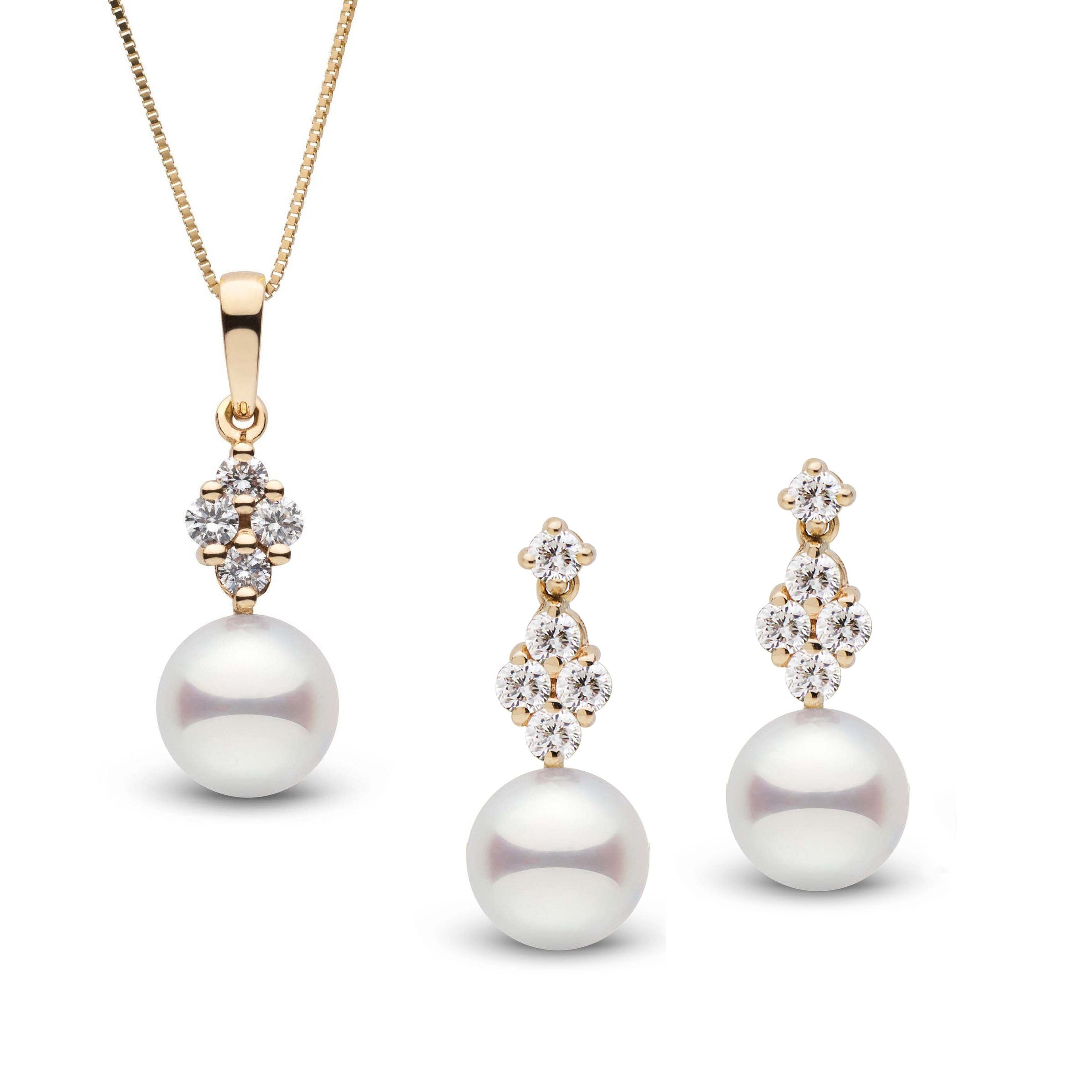 9.0-9.5 mm AAA Akoya Pearl and VS1-G Diamond Elegance Collection Pendant and Earrings Set in yellow gold