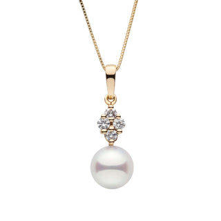9.0-9.5 mm Akoya Pearl and Diamond Elegance Collection Pendant featuring a lustrous white akoya pearl and sparkling diamonds set in yellow gold on a delicate chain.