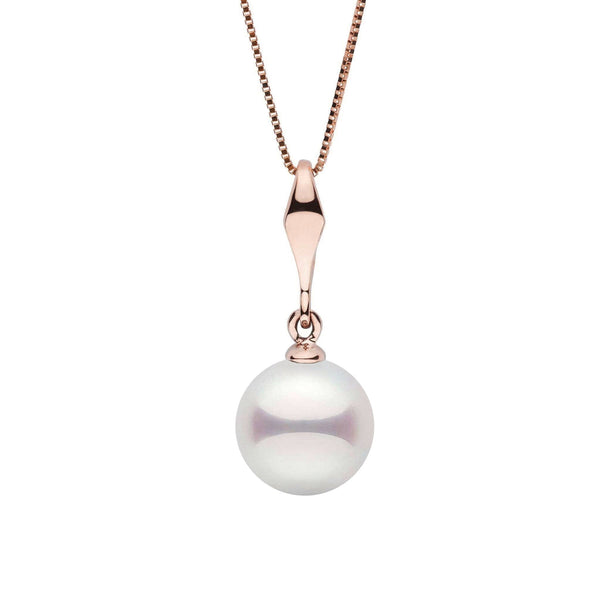 Elegant Essential Collection 7.5-8.0 mm Akoya Pearl Pendant featuring a single lustrous white akoya pearl set in a polished rose gold setting on a delicate chain.