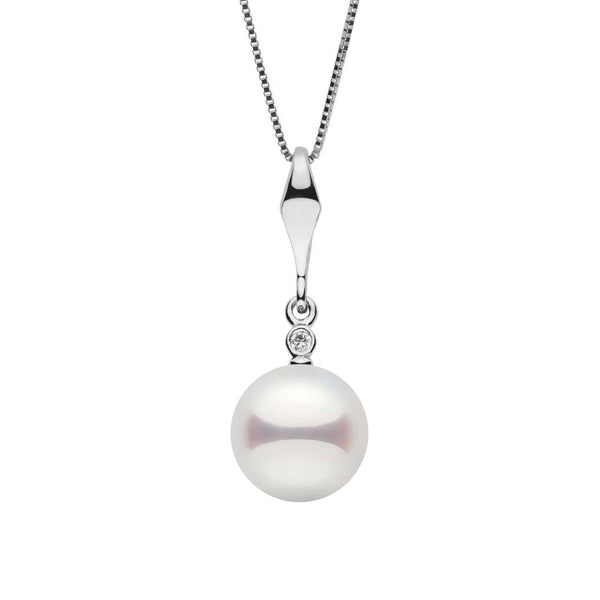Essential Collection 8.5-9.0 mm Akoya Pearl Pendant with Diamond Accent featuring a lustrous white akoya pearl and a single sparkling diamond on a delicate 14K white gold chain.
