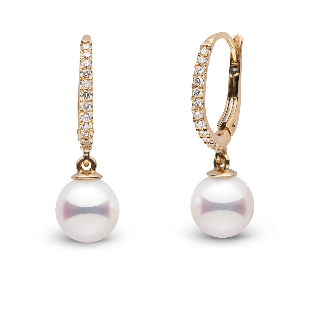 Eternal Collection 7.0-7.5 mm White Hanadama Pearl and Diamond Dangle Earrings yellow gold