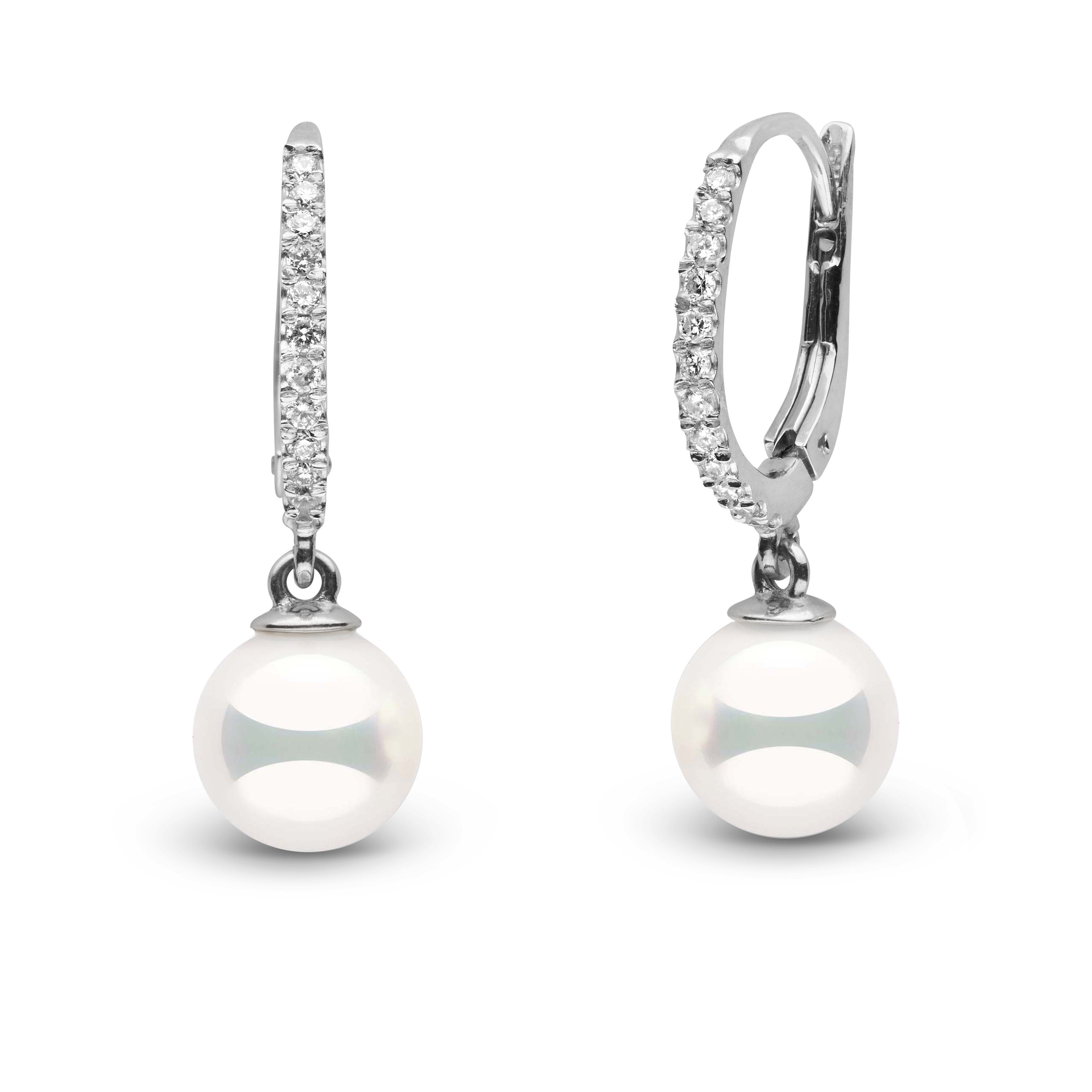 Eternal Collection 7.0-7.5 mm Natural White Hanadama Pearl and Diamond Dangle Earrings white gold