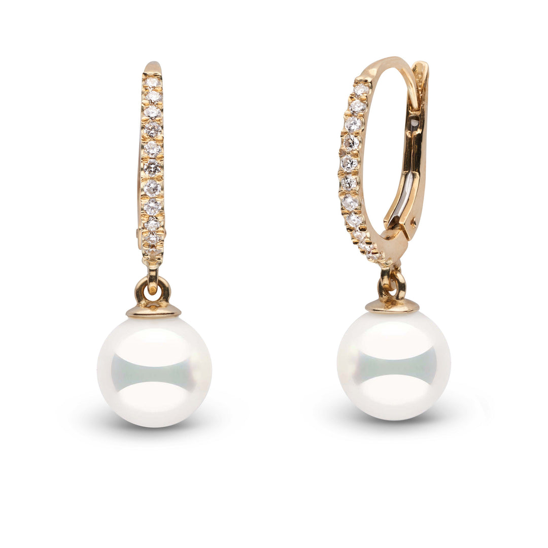 Eternal Collection 7.0-7.5 mm Natural White Hanadama Pearl and Diamond Dangle Earrings yellow gold