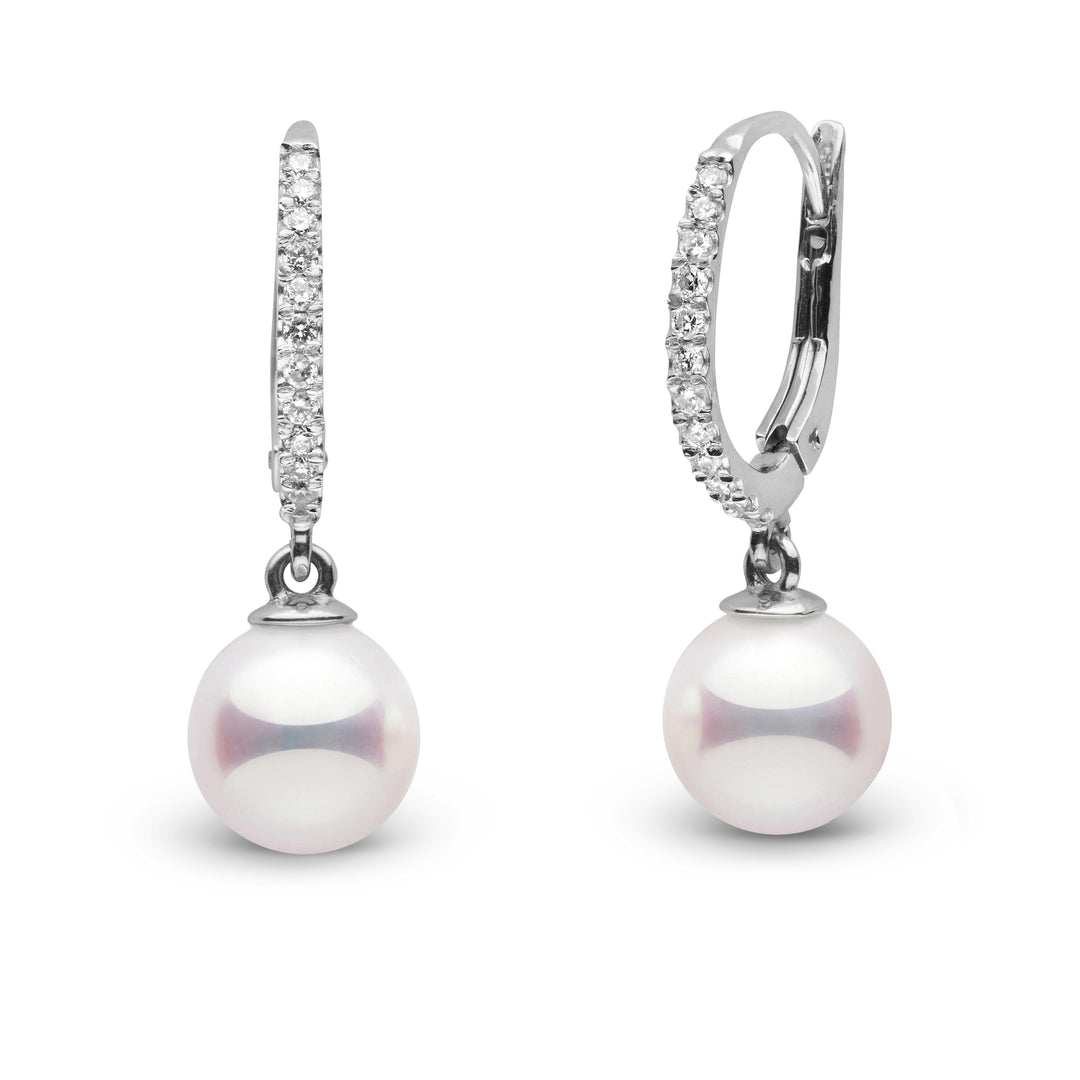 Eternal Collection 7.5-8.0 mm White Hanadama Pearl and Diamond Dangle Earrings white gold