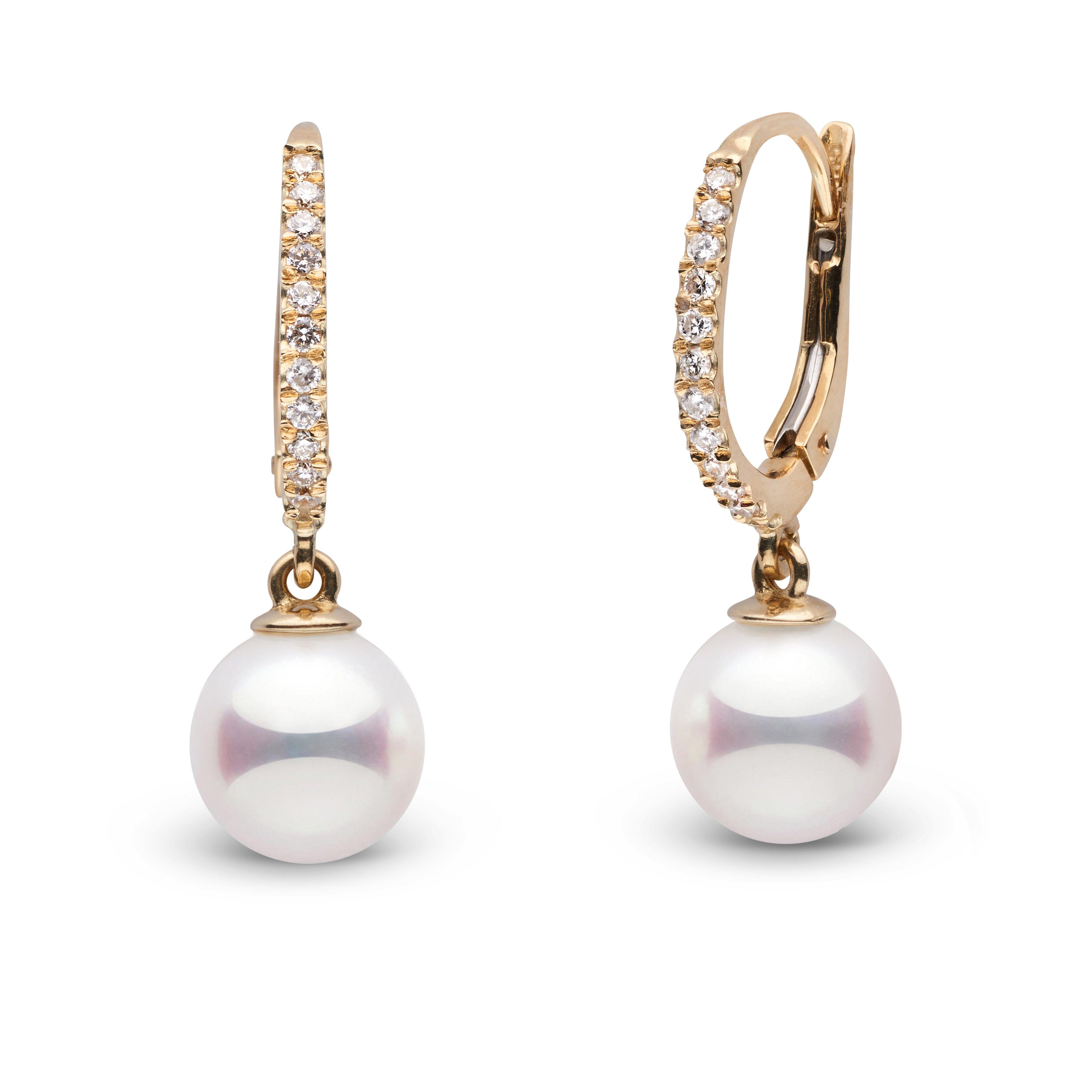 Eternal Collection 7.5-8.0 mm White Hanadama Pearl and Diamond Dangle Earrings Yellow gold