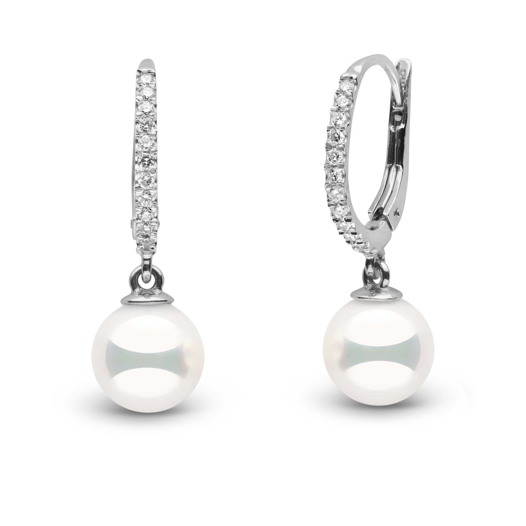 Certified Eternal Collection 7.5-8.0 mm Natural White Hanadama Pearl and Diamond Dangle Earrings white gold