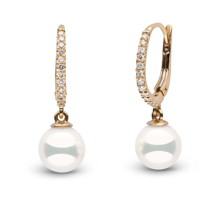 Certified Eternal Collection 7.5-8.0 mm Natural White Hanadama Pearl and Diamond Dangle Earrings yellow gold