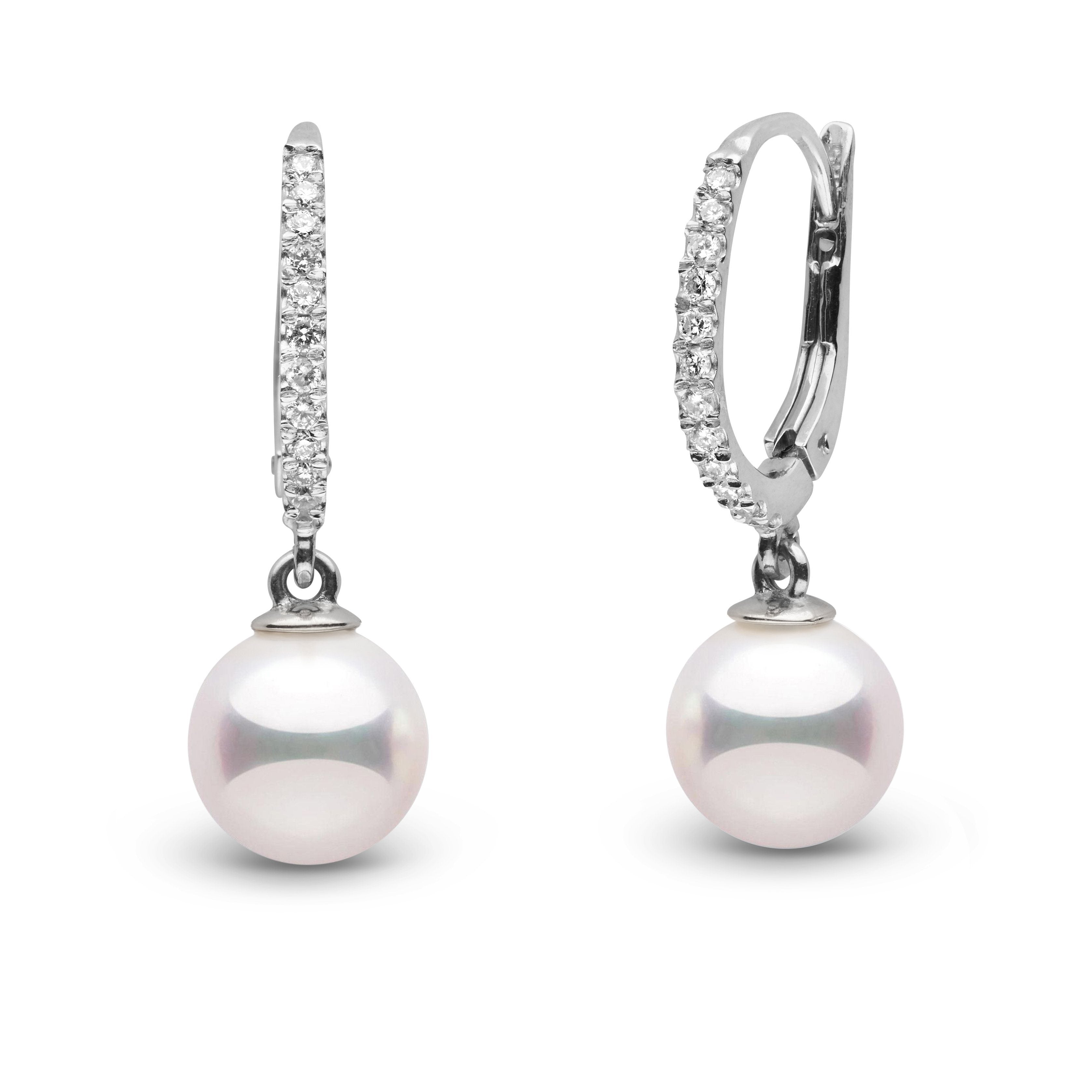Eternal Collection 8.0-8.5 mm White Hanadama Pearl and Diamond Dangle Earrings white gold