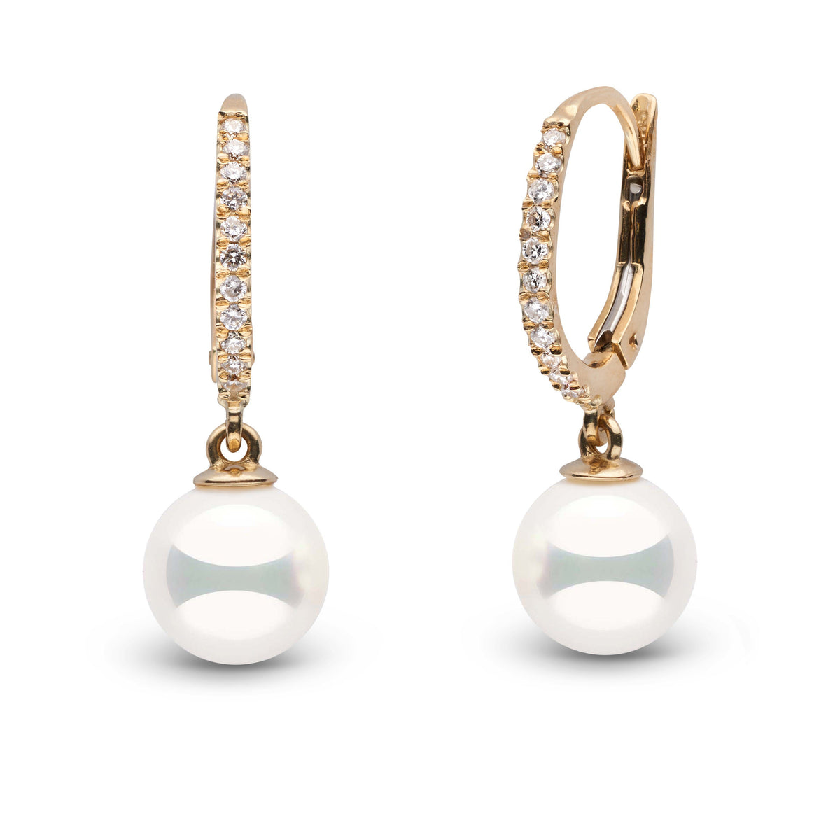 Eternal Collection 8.0-8.5 mm Natural White Hanadama Pearl and Diamond Dangle Earrings yellow gold
