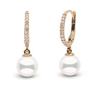 Eternal Collection 8.0-8.5 mm Natural White Hanadama Pearl and Diamond Dangle Earrings yellow gold