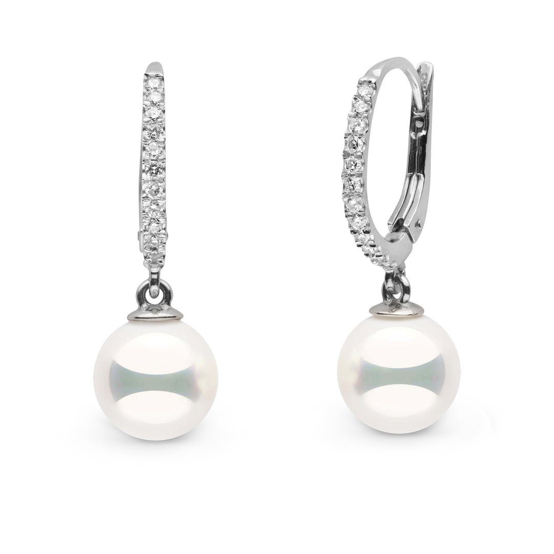 Eternal Collection 8.5-9.0 mm Natural White Hanadama Pearl and Diamond Dangle Earrings white gold