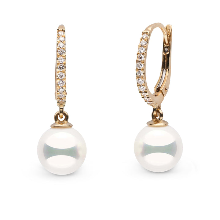 Eternal Collection 8.5-9.0 mm Natural White Hanadama Pearl and Diamond Dangle Earrings yellow gold