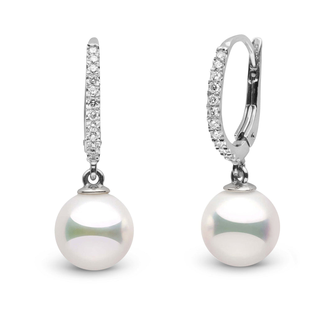 Certified, Large Eternal Collection 9.0-9.5 mm Natural White Hanadama Pearl and Diamond Dangle Earrings white gold