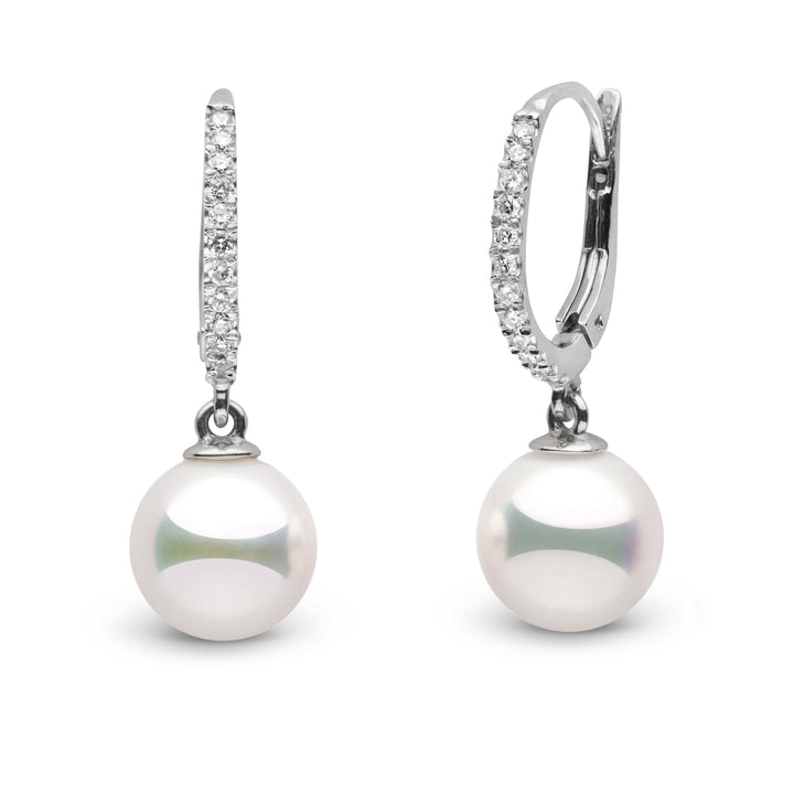 Certified, Large Eternal Collection 9.0-9.5 mm Natural White Hanadama Pearl and Diamond Dangle Earrings white gold