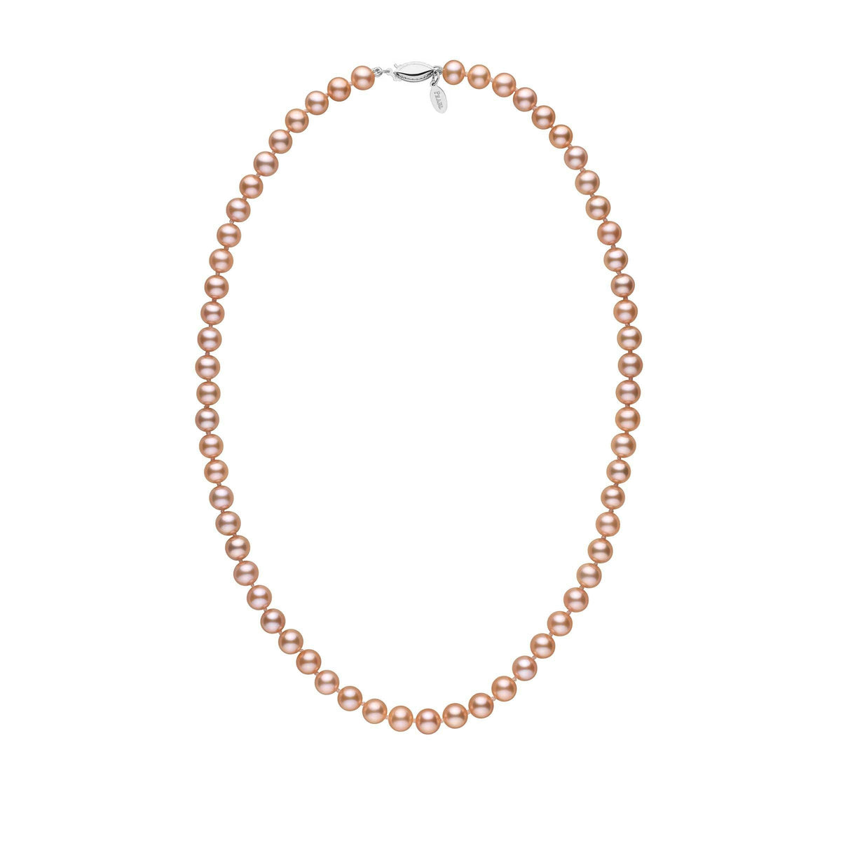 6.5-7.0 mm Pink to Peach Freshadama Freshwater Pearl Necklace featuring a strand of luminous freshwater pearls with a smooth, round shape and a 14K white gold clasp.
