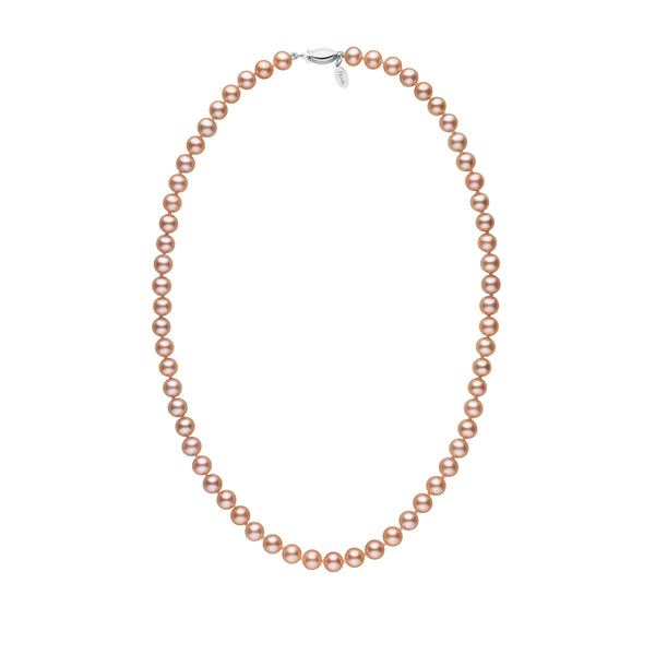 6.5-7.0 mm Pink to Peach Freshadama Freshwater Pearl Necklace featuring a strand of luminous freshwater pearls with a smooth, round shape and a 14K white gold clasp.