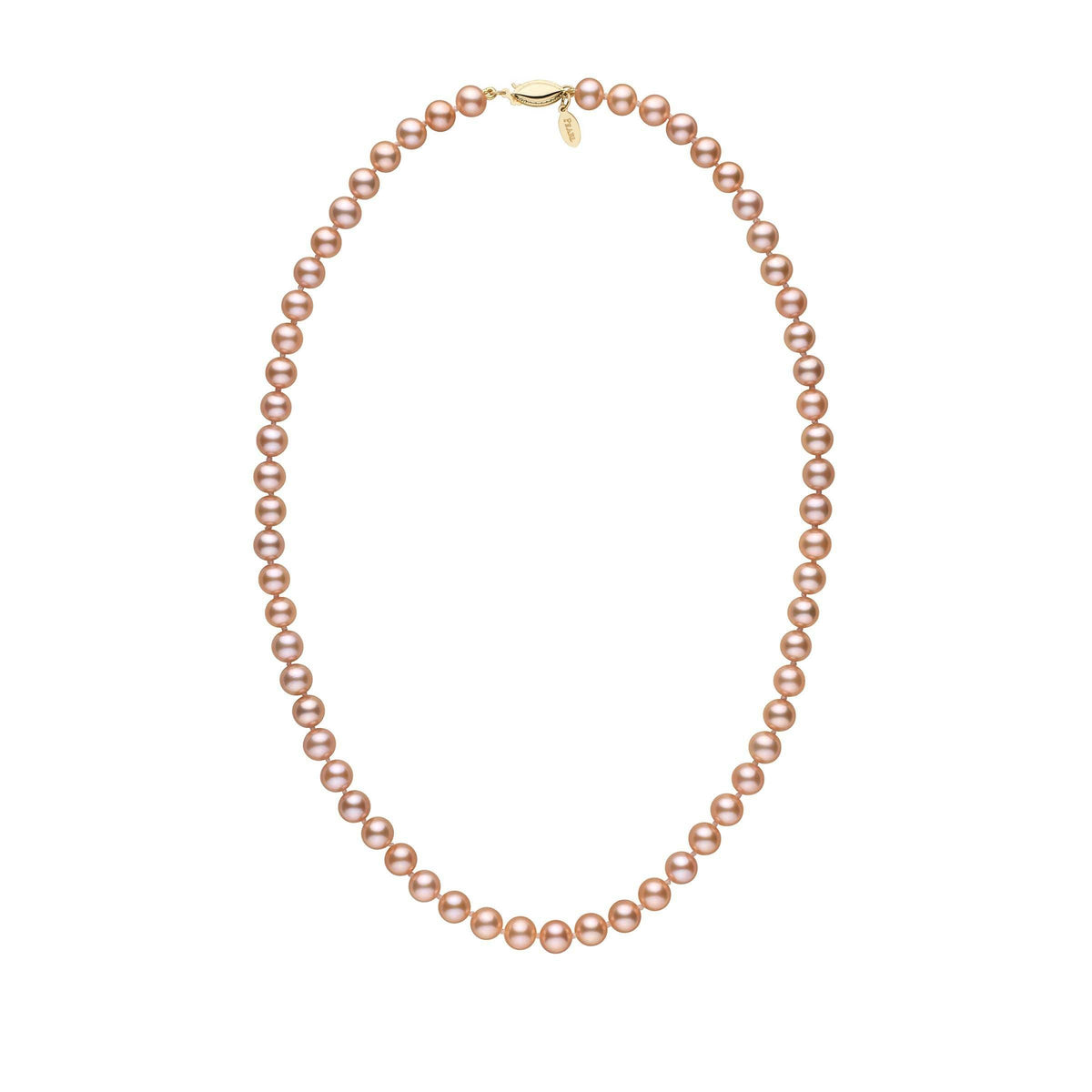 6.5-7.0 mm Pink to Peach Freshadama Freshwater Pearl Necklace featuring lustrous, round pearls with a warm gradient from pink to peach and a gold clasp fastening.