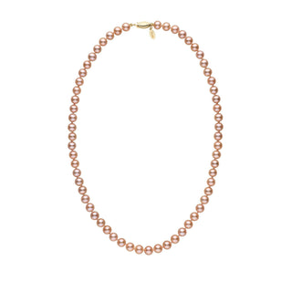 6.5-7.0 mm Pink to Peach Freshadama Freshwater Pearl Necklace featuring lustrous, round pearls with a warm gradient from pink to peach and a gold clasp fastening.