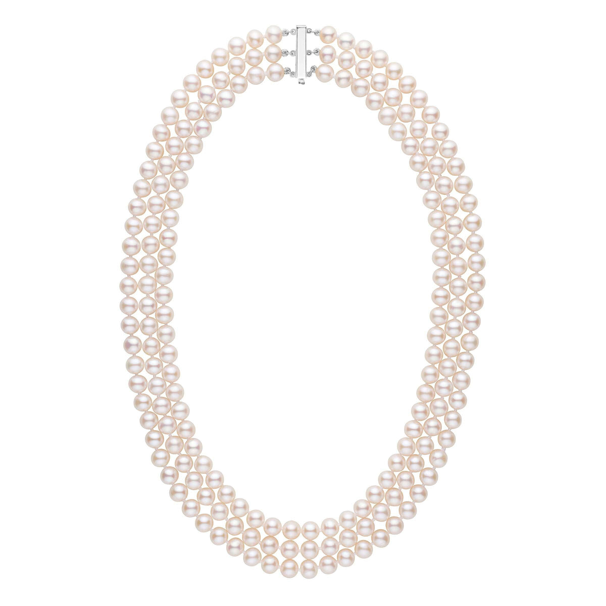 6.5-7.0 mm Triple-Strand AAA White Freshwater Pearl Necklace featuring three strands of lustrous white freshwater pearls with a silver clasp, elegant and timeless pearl jewelry.
