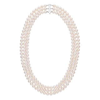 6.5-7.0 mm Triple-Strand AAA White Freshwater Pearl Necklace featuring three strands of lustrous white freshwater pearls with a silver clasp, elegant and timeless pearl jewelry.