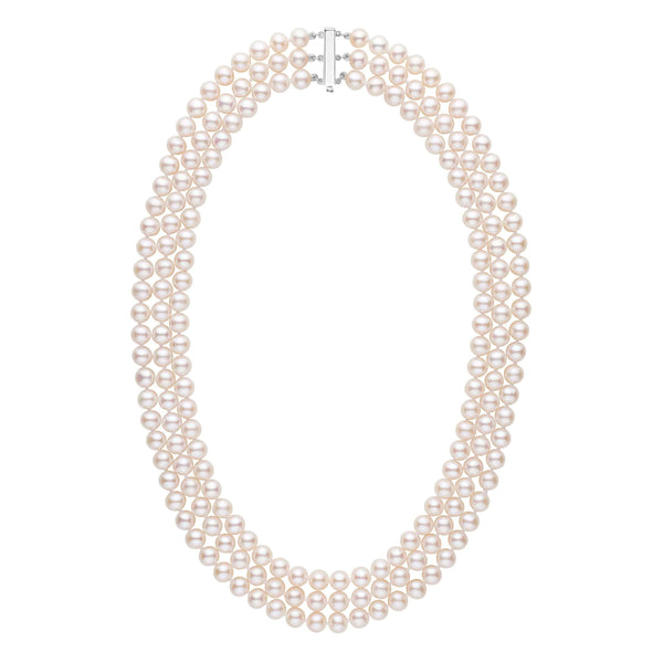 6.5-7.0 mm Triple-Strand AAA White Freshwater Pearl Necklace featuring three strands of lustrous white freshwater pearls with a silver clasp, elegant and timeless pearl jewelry.