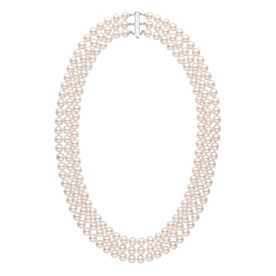 6.5-7.0 mm Triple-Strand AAA White Freshwater Pearl Necklace featuring three strands of lustrous white freshwater pearls with a silver clasp, elegant and timeless pearl jewelry.