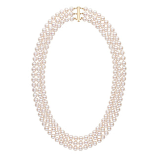 6.5-7.0 mm Triple-Strand AAA White Freshwater Pearl Necklace featuring three strands of lustrous white pearls with a gold clasp, elegant and classic pearl jewelry piece.