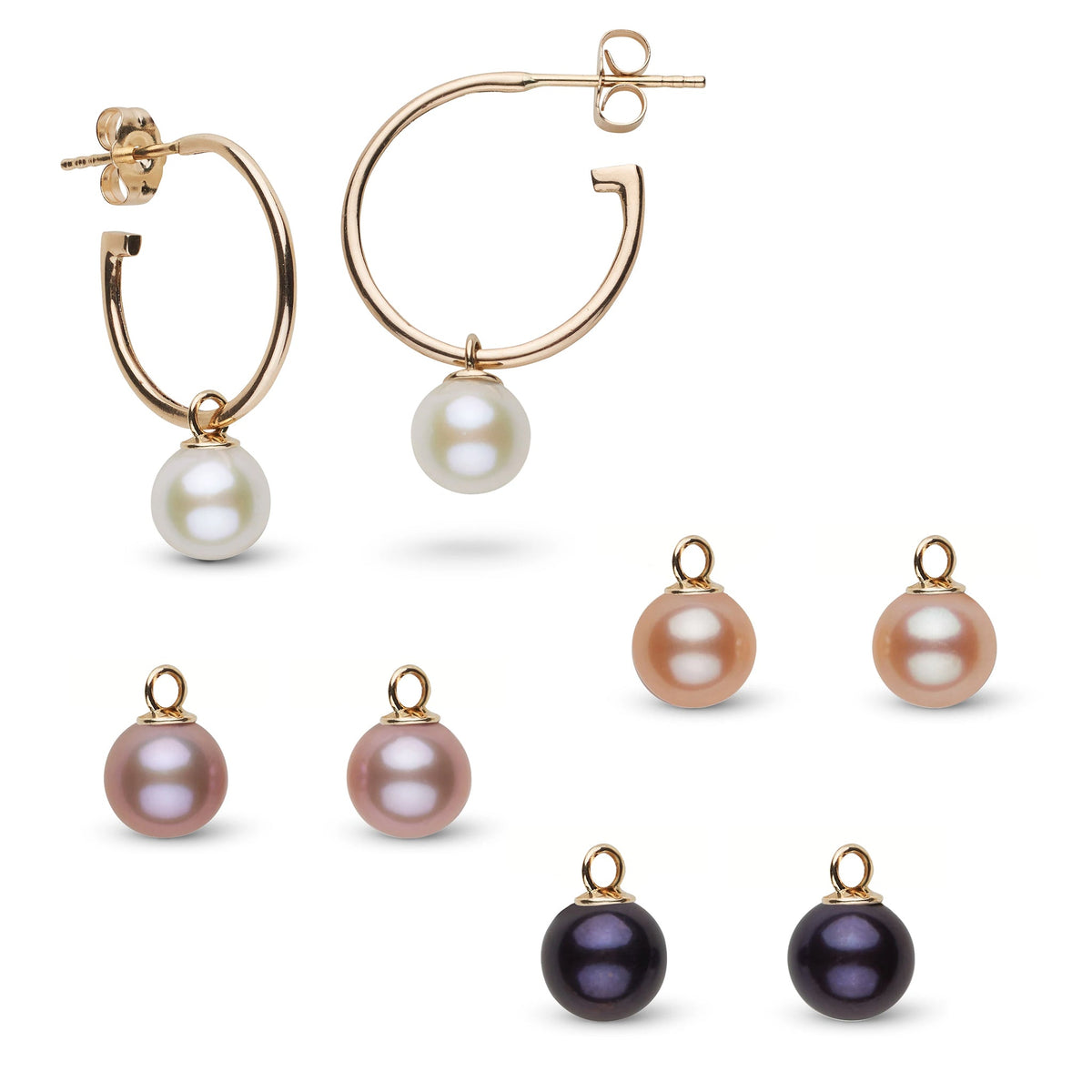 7.5-8.0 mm AAA Freshwater Pearl Charm Hoop Earring Set featuring gold hoops with white pearls and six additional pearl charms in white, pink, peach, and black colors.