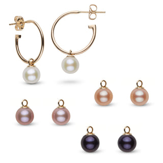 7.5-8.0 mm AAA Freshwater Pearl Charm Hoop Earring Set featuring gold hoops with white pearls and six additional pearl charms in white, pink, peach, and black colors.