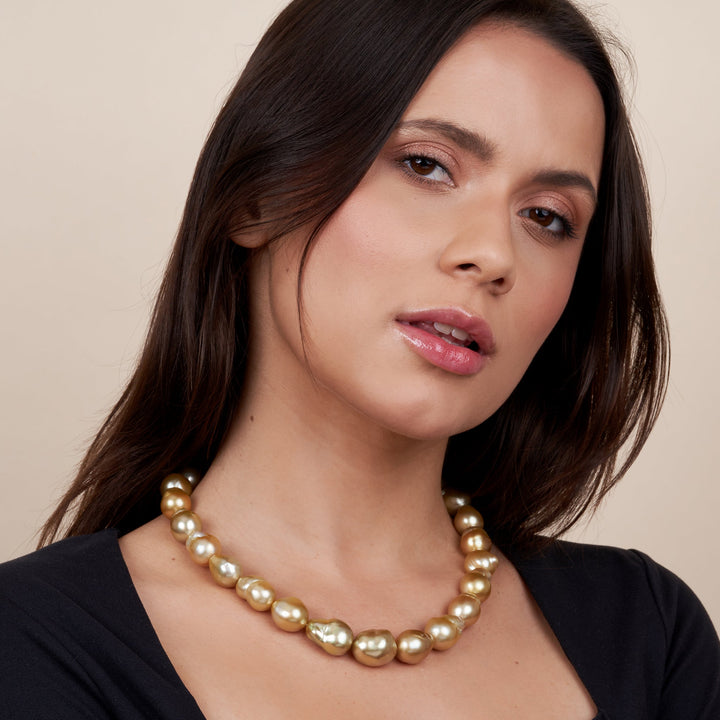 12.0-16.4 mm AAA Gold South Sea Baroque Pearl Necklace on model
