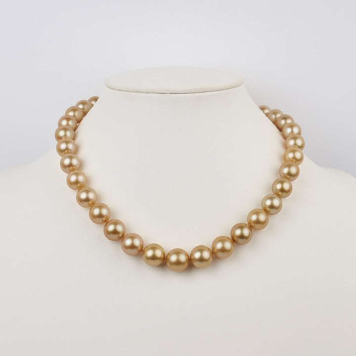 11.1-14.2 mm AA+/AAA Golden South Sea Round Pearl Necklace bust view