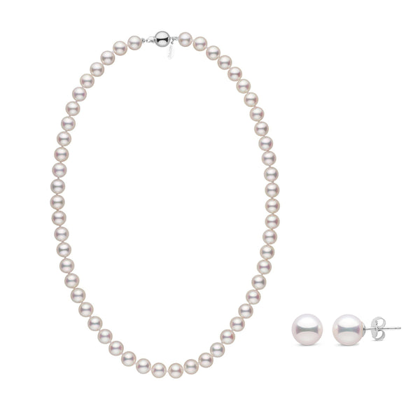 Certified 7.5-8.0 mm White Hanadama Akoya Pearl Set white gold