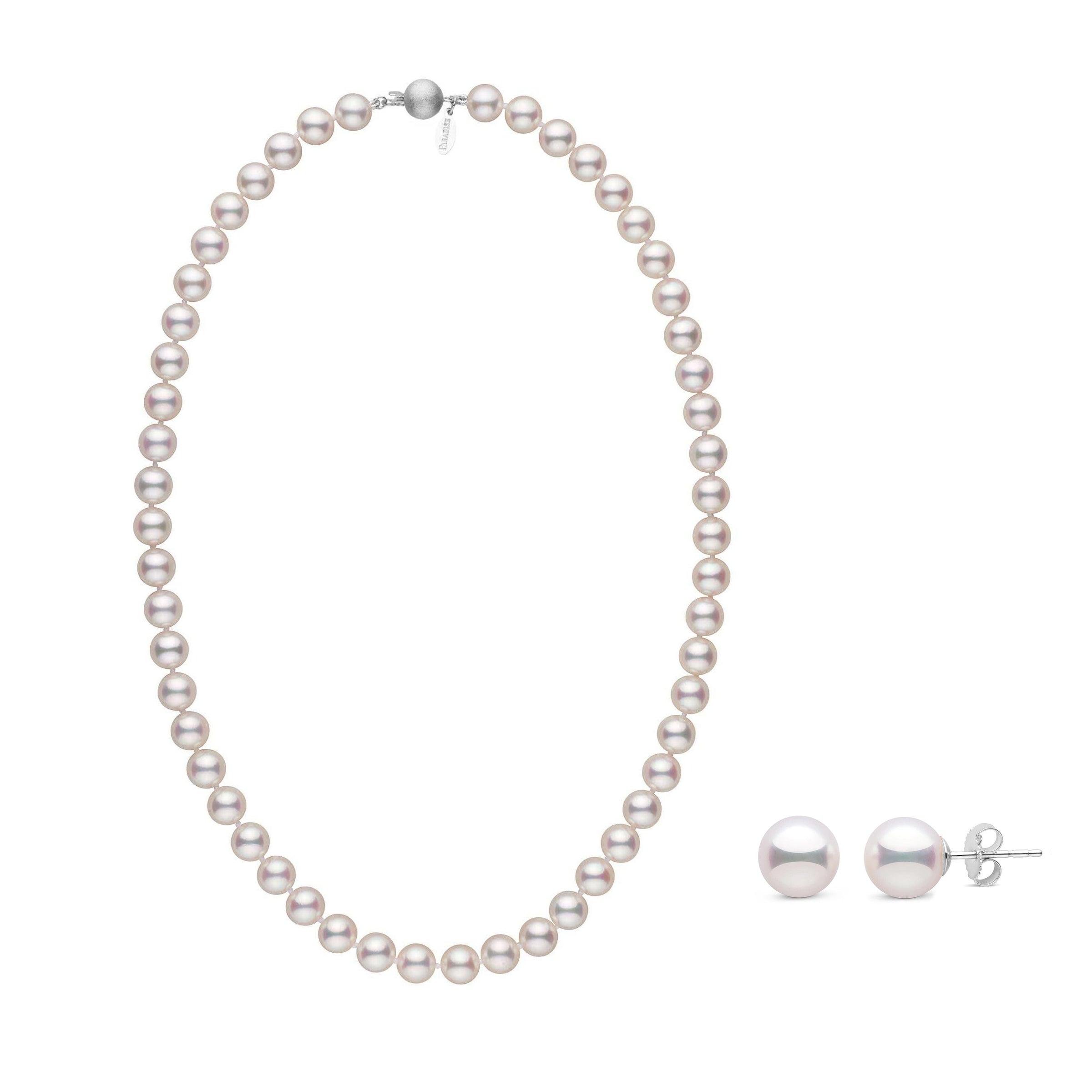 Certified 7.5-8.0 mm White Hanadama Akoya Pearl Set with earrings white gold