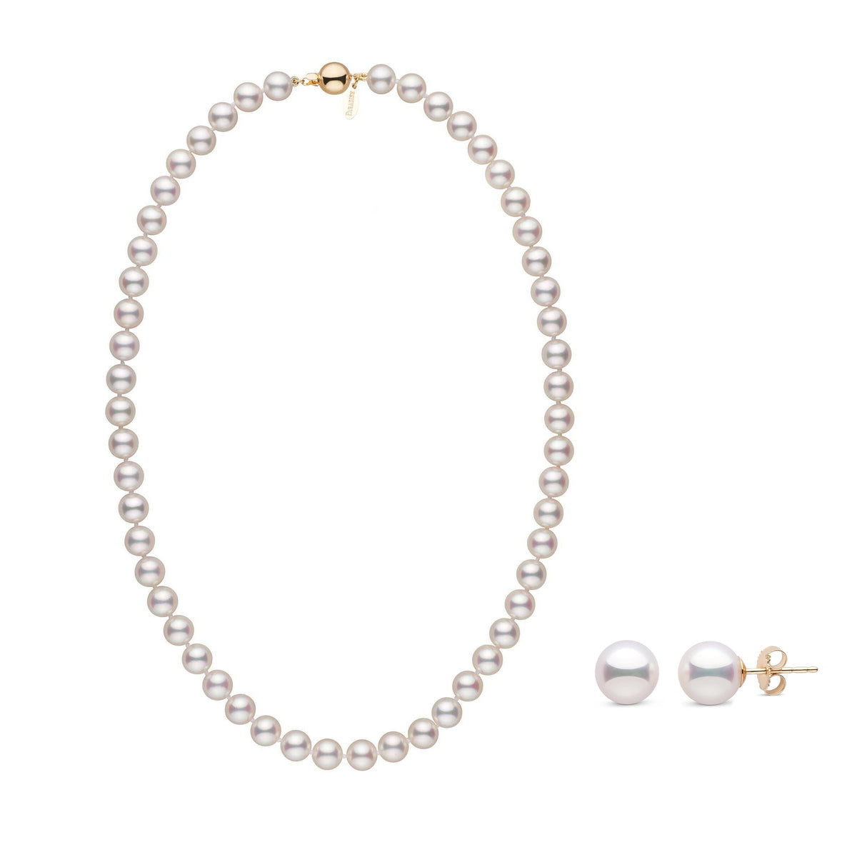 Certified 7.5-8.0 mm White Hanadama Akoya Pearl Set yellow gold