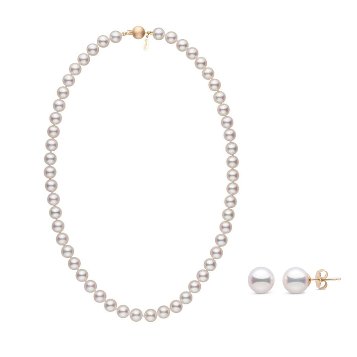 Certified 7.5-8.0 mm White Hanadama Akoya Pearl Set with earrings yellow gold
