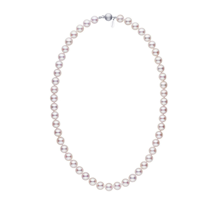 Lab Certified 8.0-8.5 mm 18 inch White Hanadama Akoya Pearl Necklace white gold matte ball clasp