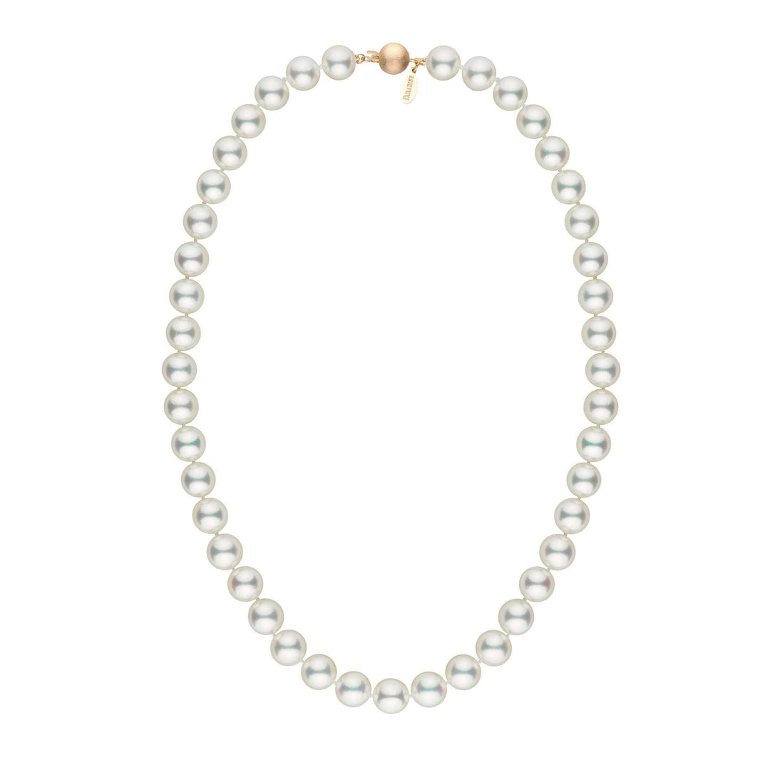 Large, Certified 9.0-9.5 mm 18 Inch Natural White Hanadama Akoya Pearl Necklace yellow gold matte