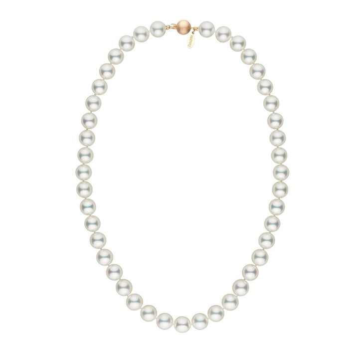 Large, Certified 9.0-9.5 mm 18 Inch Natural White Hanadama Akoya Pearl Necklace yellow gold matte