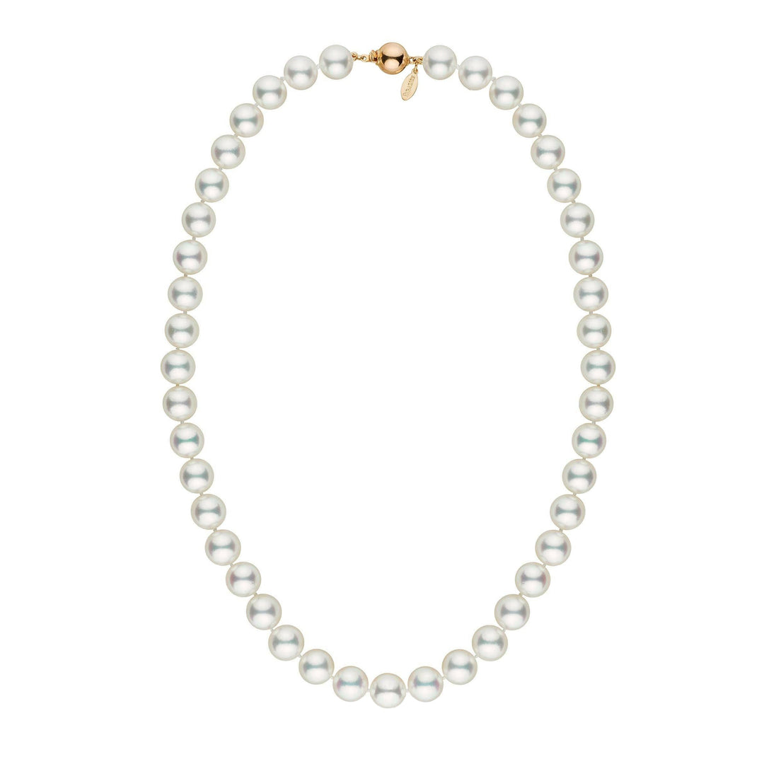 Large, Certified 9.0-9.5 mm 18 Inch Natural White Hanadama Akoya Pearl Necklace yellow gold