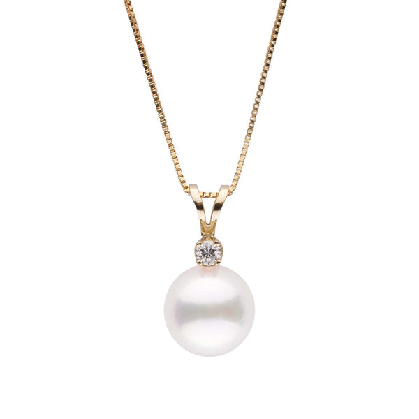 Elegant 8.0-8.5 mm Akoya Pearl and Diamond Harmony Collection Pendant featuring a lustrous white pearl and sparkling diamond set in yellow gold on a delicate chain.