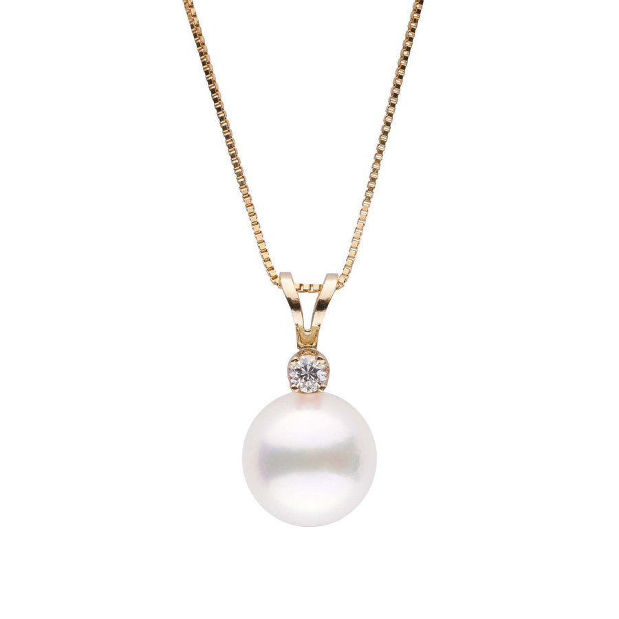 Elegant 8.0-8.5 mm Akoya Pearl and Diamond Harmony Collection Pendant featuring a lustrous white pearl and sparkling diamond set in yellow gold on a delicate chain.