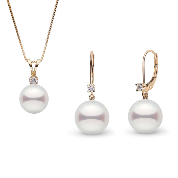 8.0-8.5 mm Akoya Pearl and VS1-G Diamond Harmony Collection Pendant and Earrings Set yellow gold