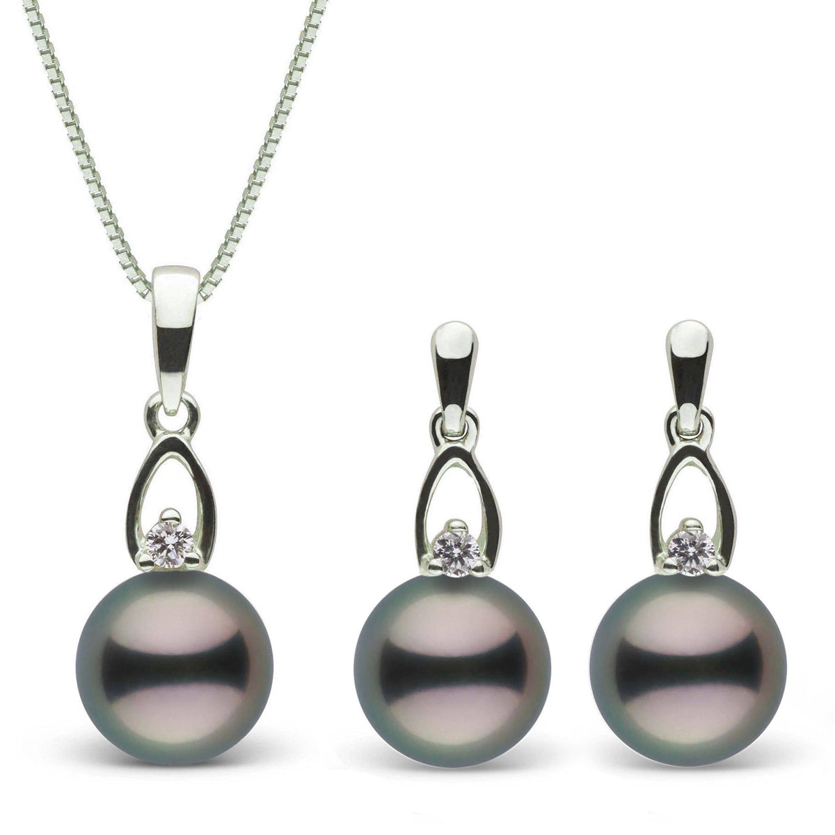 Juliet Collection 8.0-9.0 mm Tahitian Pearl and Diamond Pendant & Earrings Set featuring round black Tahitian pearls with diamond accents on 14K white gold settings.