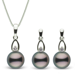 Juliet Collection 8.0-9.0 mm Tahitian Pearl and Diamond Pendant & Earrings Set featuring round black Tahitian pearls with diamond accents on 14K white gold settings.