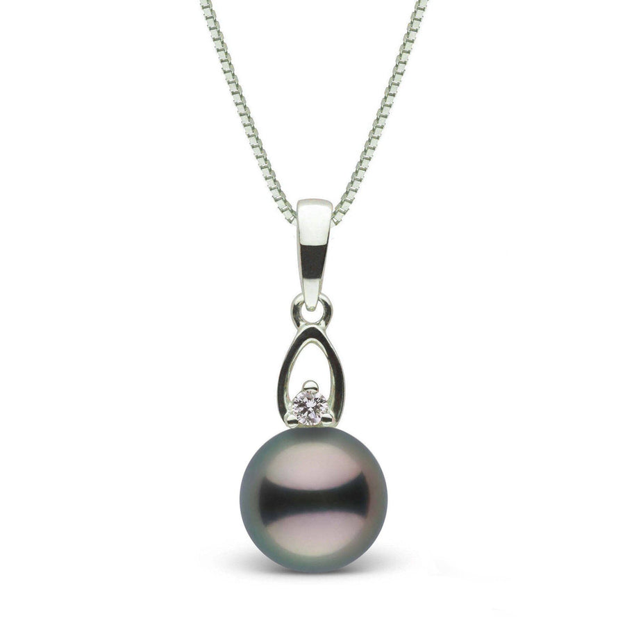 Juliet Collection 8.0-9.0 mm Tahitian Pearl and Diamond Pendant featuring a single lustrous black Tahitian pearl with a small diamond accent on a sleek white gold chain.