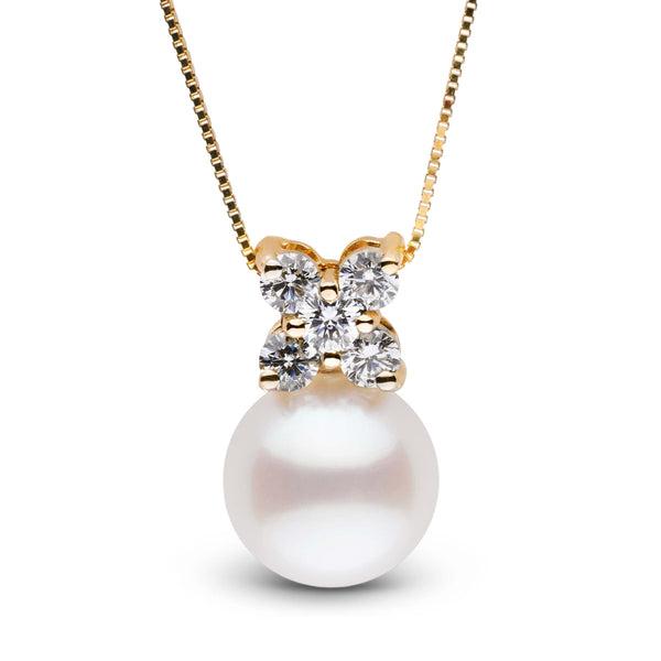 Kiss Collection 9.0-10.0 mm Freshadama Pearl and Diamond Pendant featuring a round white freshwater pearl with a gold setting accented by sparkling diamonds on a delicate chain