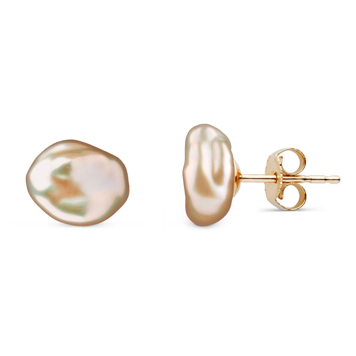 8.0-9.0 mm Keshi Pink to Peach Freshwater Pearl Stud Earrings Yellow Gold