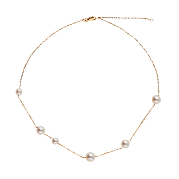 Luna Collection White Freshadama Pearl Necklace featuring delicate freshwater white pearls arranged on a fine gold chain, perfect for elegant and timeless style.